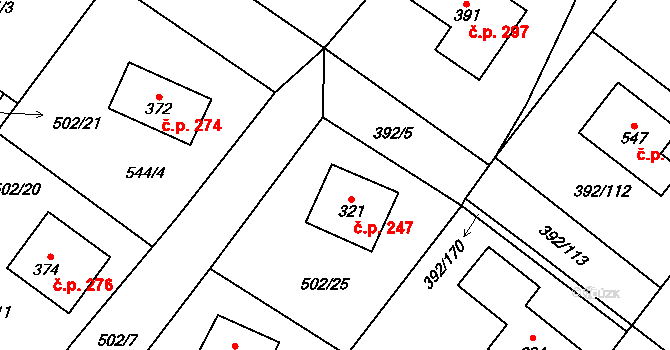 Všeruby 247 na parcele st. 321 v KÚ Všeruby u Plzně, Katastrální mapa