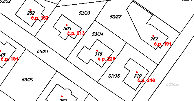 Suchá 228, Havlíčkův Brod na parcele st. 318 v KÚ Suchá u Havlíčkova Brodu, Katastrální mapa
