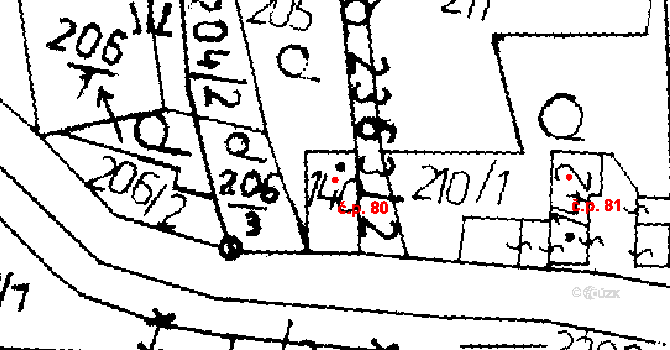 Merboltice 80 na parcele st. 140 v KÚ Merboltice, Katastrální mapa