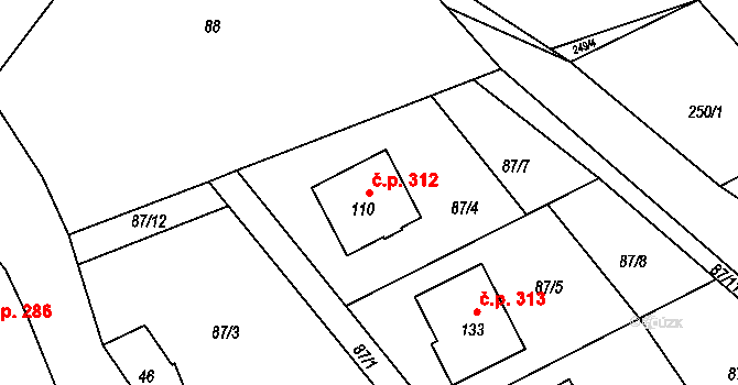 Heřmánky 312 na parcele st. 110 v KÚ Heřmánky nad Odrou, Katastrální mapa