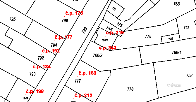 Pustiměřské Prusy 343, Pustiměř na parcele st. 760/2 v KÚ Pustiměř, Katastrální mapa
