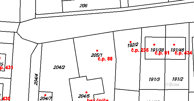 Všetuly 88, Holešov na parcele st. 205/1 v KÚ Všetuly, Katastrální mapa