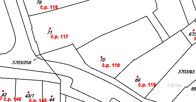 Dobřany 118 na parcele st. 70 v KÚ Dobřany, Katastrální mapa