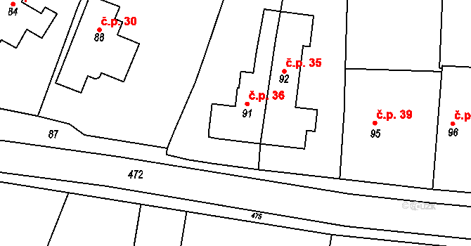 Labutice 36, Suchdol na parcele st. 91 v KÚ Labutice, Katastrální mapa