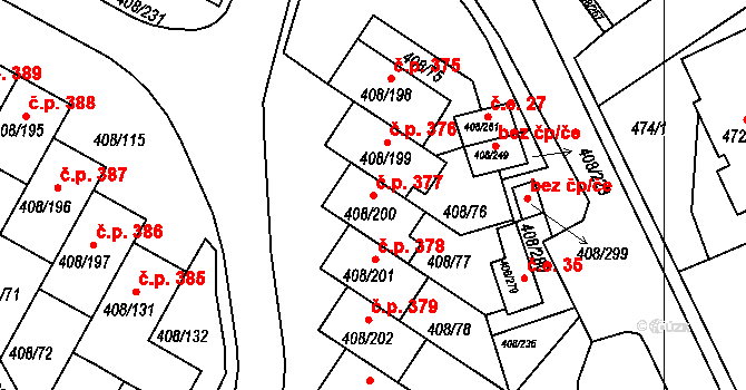 Dobšice 377 na parcele st. 408/200 v KÚ Dobšice u Znojma, Katastrální mapa