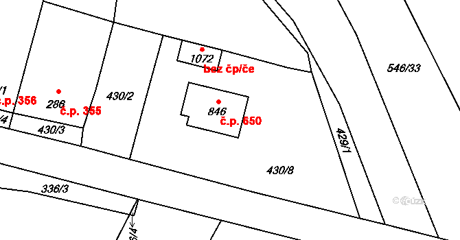 Lišov 650 na parcele st. 846 v KÚ Lišov, Katastrální mapa
