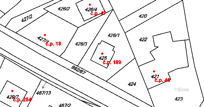 Srubec 189 na parcele st. 425 v KÚ Srubec, Katastrální mapa