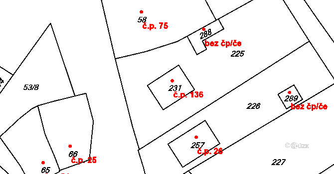 Rostěnice 136, Rostěnice-Zvonovice na parcele st. 231 v KÚ Rostěnice, Katastrální mapa