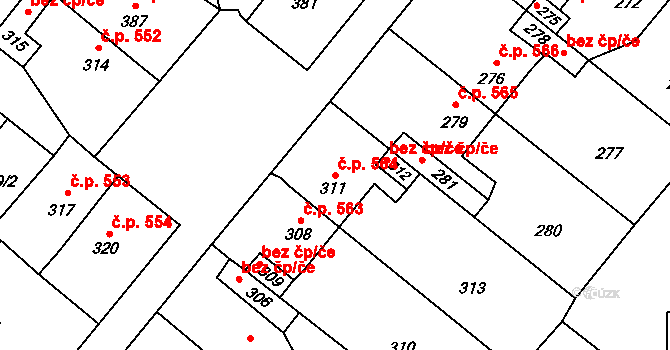 Vinařice 564 na parcele st. 311 v KÚ Vinařice u Kladna, Katastrální mapa