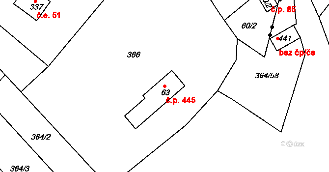 Chvalčov 445 na parcele st. 63 v KÚ Chvalčova Lhota, Katastrální mapa