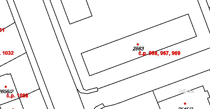Hulín 967,968,969 na parcele st. 2563 v KÚ Hulín, Katastrální mapa