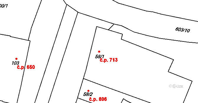 Loučany 713 na parcele st. 58/1 v KÚ Loučany na Hané, Katastrální mapa
