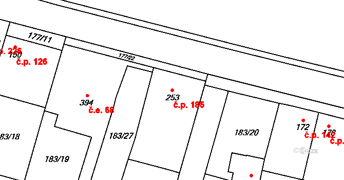 Horní Beřkovice 185 na parcele st. 253 v KÚ Horní Beřkovice, Katastrální mapa