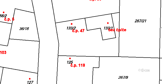 Brníkov 47, Mšené-lázně na parcele st. 133/2 v KÚ Brníkov, Katastrální mapa