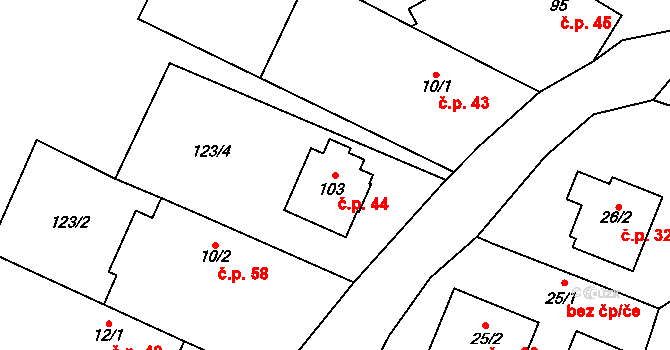 Milovice u Hořic 44 na parcele st. 103 v KÚ Milovice u Hořic, Katastrální mapa