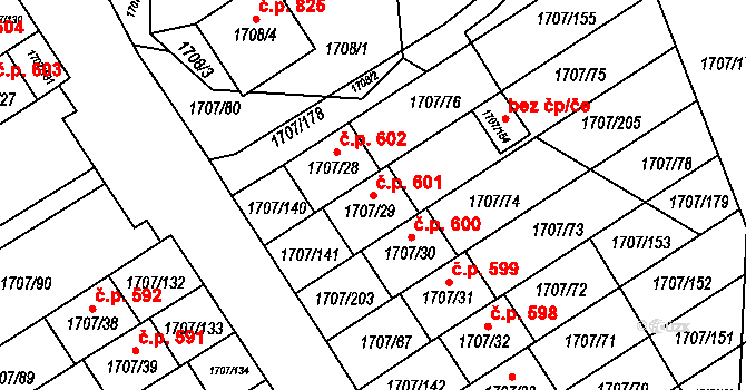 Miřetice u Klášterce nad Ohří 601, Klášterec nad Ohří na parcele st. 1707/29 v KÚ Miřetice u Klášterce nad Ohří, Katastrální mapa