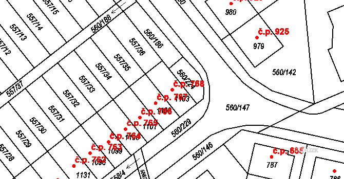 Podklášteří 768, Třebíč na parcele st. 1103 v KÚ Podklášteří, Katastrální mapa