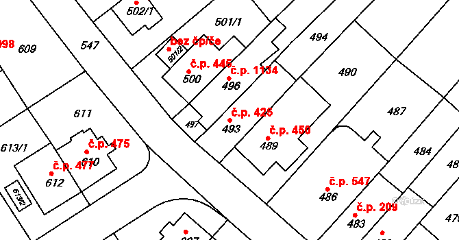 Komín 425, Brno na parcele st. 493 v KÚ Komín, Katastrální mapa