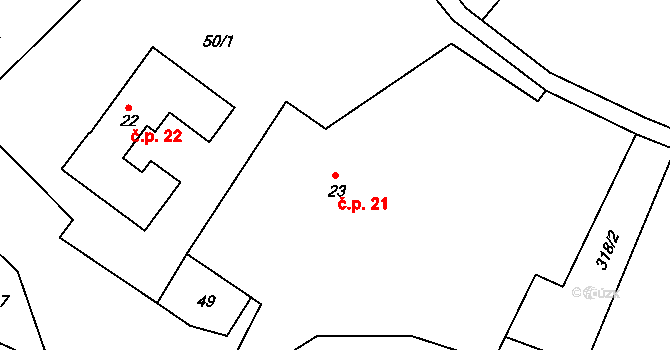 Roubanina 21 na parcele st. 23 v KÚ Roubanina, Katastrální mapa