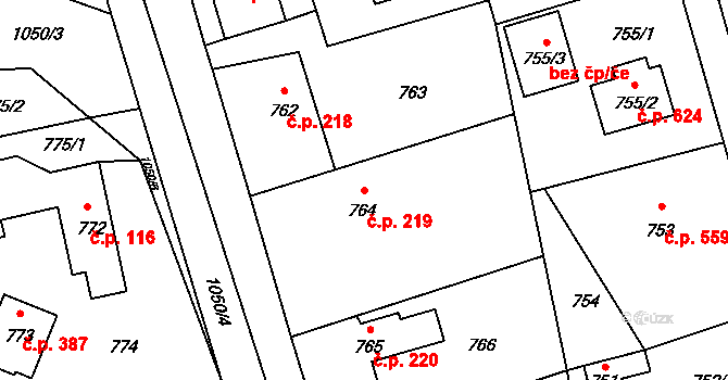 Jablůnka 219 na parcele st. 764 v KÚ Jablůnka, Katastrální mapa