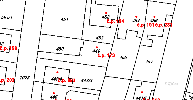 Čimice 173, Praha na parcele st. 449 v KÚ Čimice, Katastrální mapa