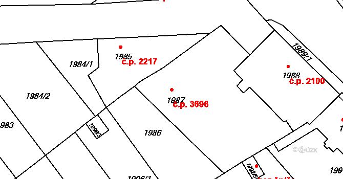 Chomutov 3696 na parcele st. 1987 v KÚ Chomutov II, Katastrální mapa