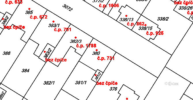 Bolevec 731, Plzeň na parcele st. 380 v KÚ Bolevec, Katastrální mapa