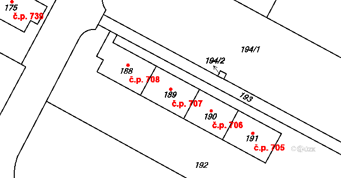 Šumbark 707, Havířov na parcele st. 189 v KÚ Šumbark, Katastrální mapa