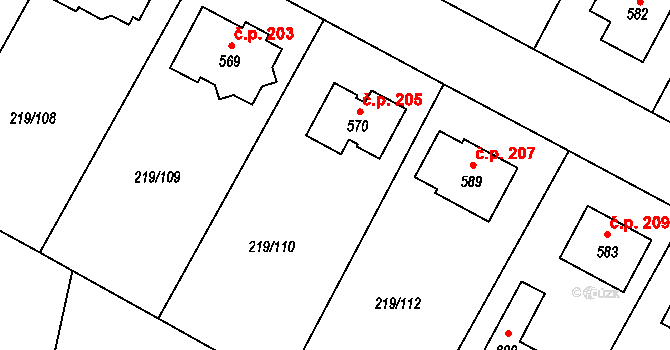 Chotětov 205 na parcele st. 570 v KÚ Chotětov, Katastrální mapa