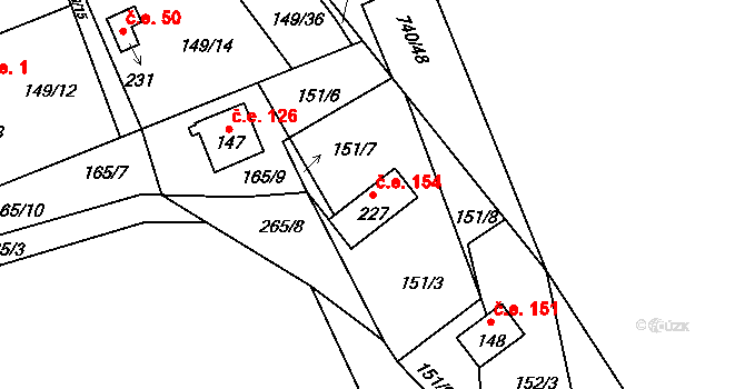 Kunětice 154 na parcele st. 227 v KÚ Kunětice, Katastrální mapa