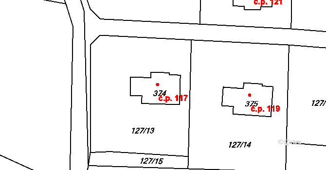 Lešany 117 na parcele st. 374 v KÚ Lešany nad Sázavou, Katastrální mapa