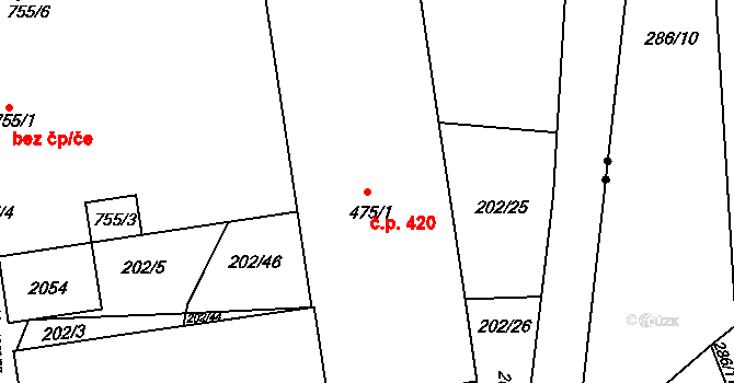 Louky 420, Zlín na parcele st. 475/1 v KÚ Louky nad Dřevnicí, Katastrální mapa