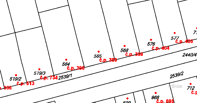Tlumačov 389 na parcele st. 565 v KÚ Tlumačov na Moravě, Katastrální mapa