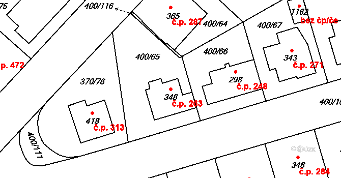 Prštné 263, Zlín na parcele st. 348 v KÚ Prštné, Katastrální mapa