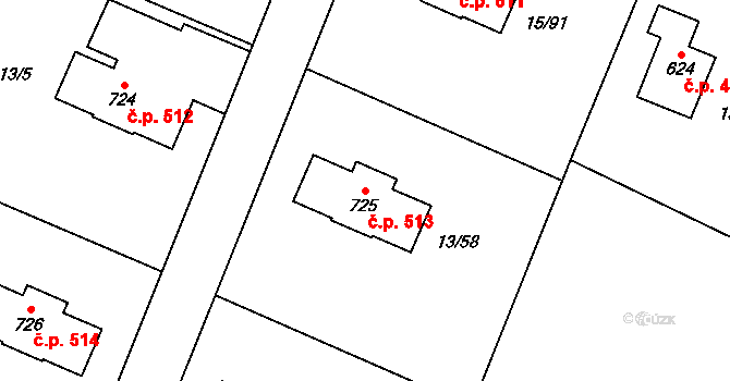 Nebory 513, Třinec na parcele st. 725 v KÚ Nebory, Katastrální mapa