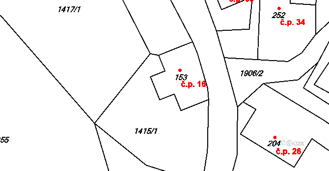 Kvasín 16, Tisovec na parcele st. 153 v KÚ Kvasín, Katastrální mapa