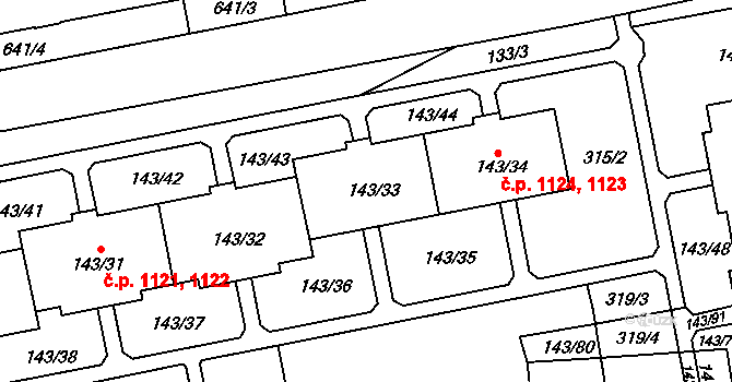 Nýřany 1123,1124 na parcele st. 143/34 v KÚ Nýřany, Katastrální mapa