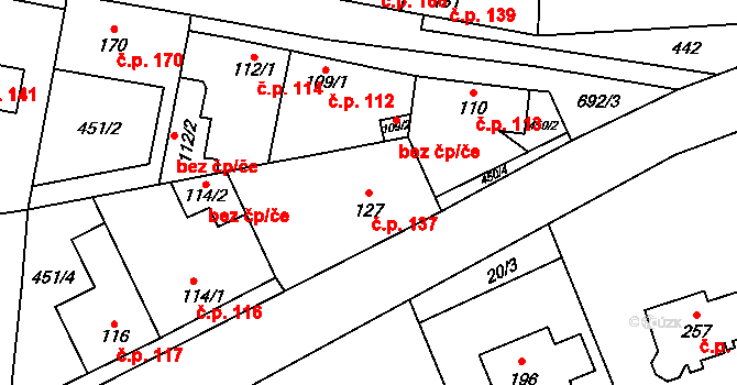Dřetovice 137 na parcele st. 127 v KÚ Dřetovice, Katastrální mapa
