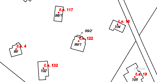 Velenov 122 na parcele st. 99/1 v KÚ Velenov, Katastrální mapa