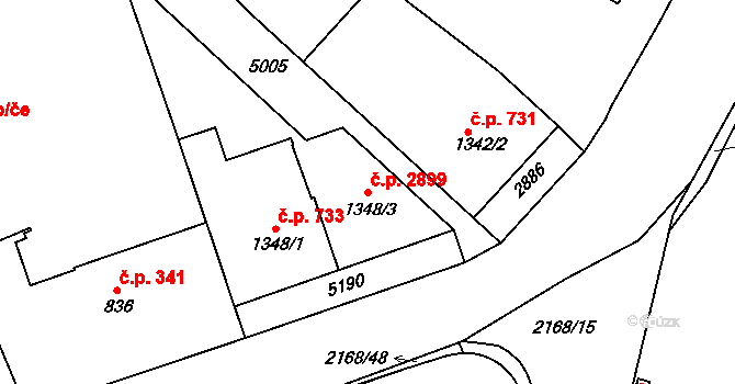 Zelené Předměstí 2899, Pardubice na parcele st. 1348/3 v KÚ Pardubice, Katastrální mapa