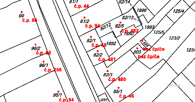 Kvasice 481 na parcele st. 82/2 v KÚ Kvasice, Katastrální mapa