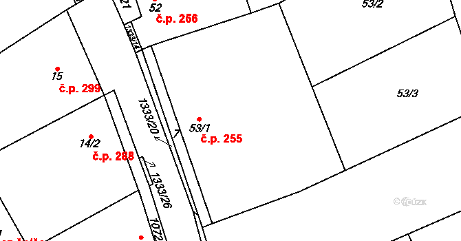 Chlupice 255, Hostěradice na parcele st. 53/1 v KÚ Chlupice, Katastrální mapa