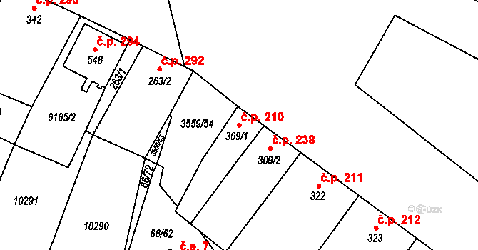 Hrabětice 210 na parcele st. 309/1 v KÚ Hrabětice, Katastrální mapa