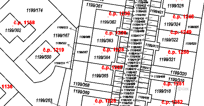 Vejprnice 1228 na parcele st. 1199/364 v KÚ Vejprnice, Katastrální mapa