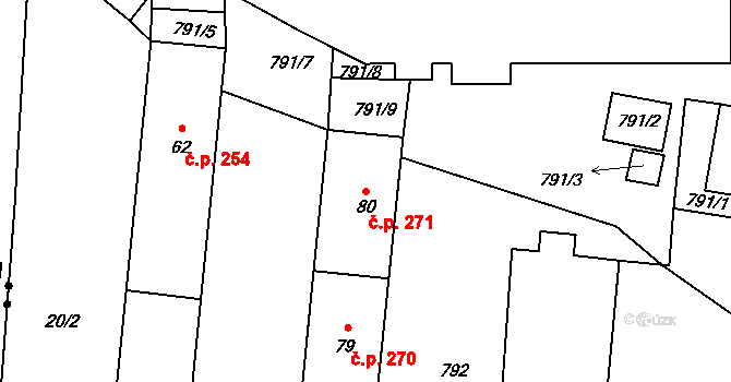 Dobronín 271 na parcele st. 80 v KÚ Střelecká, Katastrální mapa