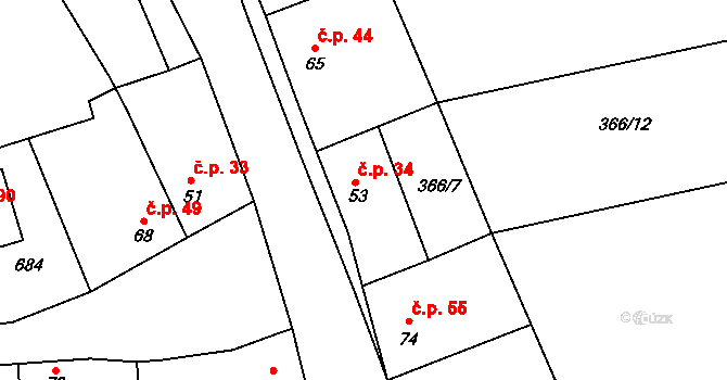 Žižice 34 na parcele st. 53 v KÚ Žižice, Katastrální mapa