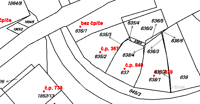 Šardice 367 na parcele st. 635/2 v KÚ Šardice, Katastrální mapa