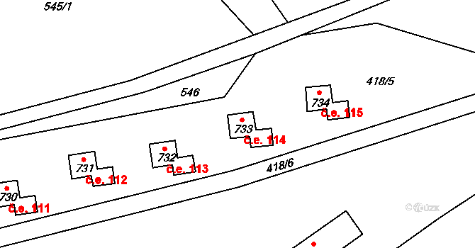 Dolní Lomná 114 na parcele st. 733 v KÚ Dolní Lomná, Katastrální mapa