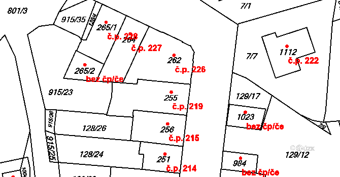 Košťany 219 na parcele st. 255 v KÚ Košťany, Katastrální mapa