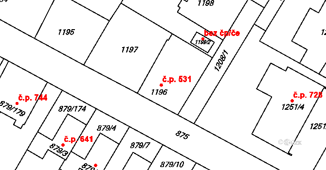 Kosmonosy 531 na parcele st. 1196 v KÚ Kosmonosy, Katastrální mapa